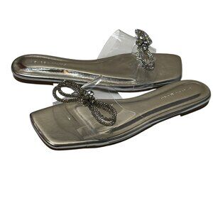NWT Azalea Wang Silver Rhinestone Bow Clear Strap Slide Sandals Size 7